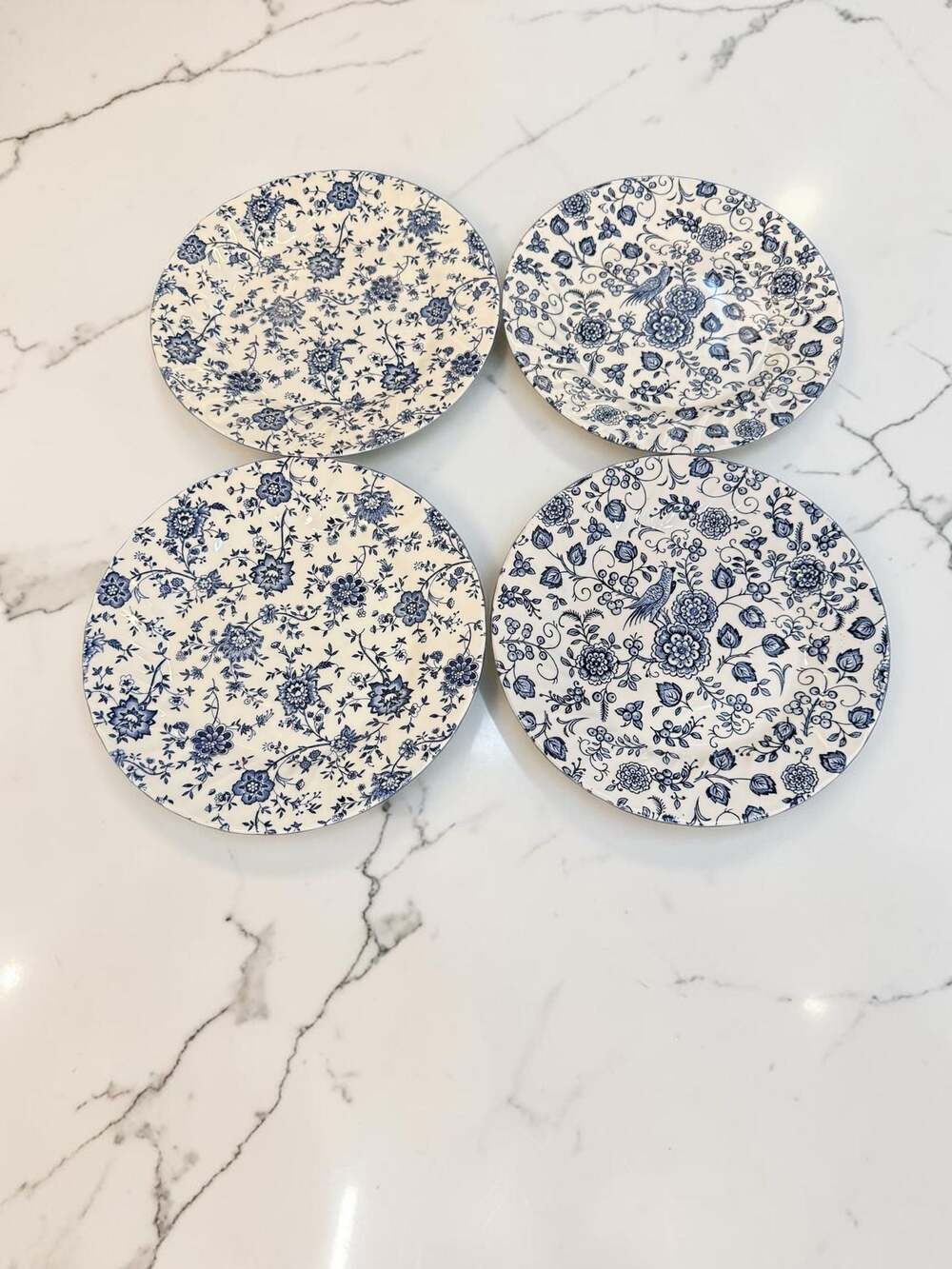 4 Royal Wessex Jacobean 10” Blue and White Floral Ironstone 10” Dessert Plates